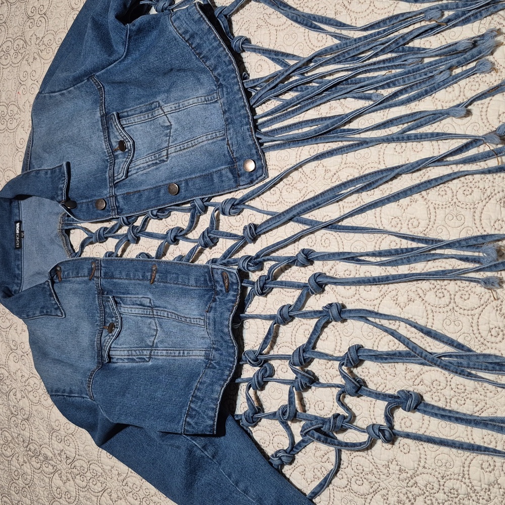Fashion Nova Distressed Blue Jean Jacket with Tassels